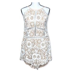 Revolve NBD Alijah romper cream lace scalloped‎ edges mini ladder cut-out XL